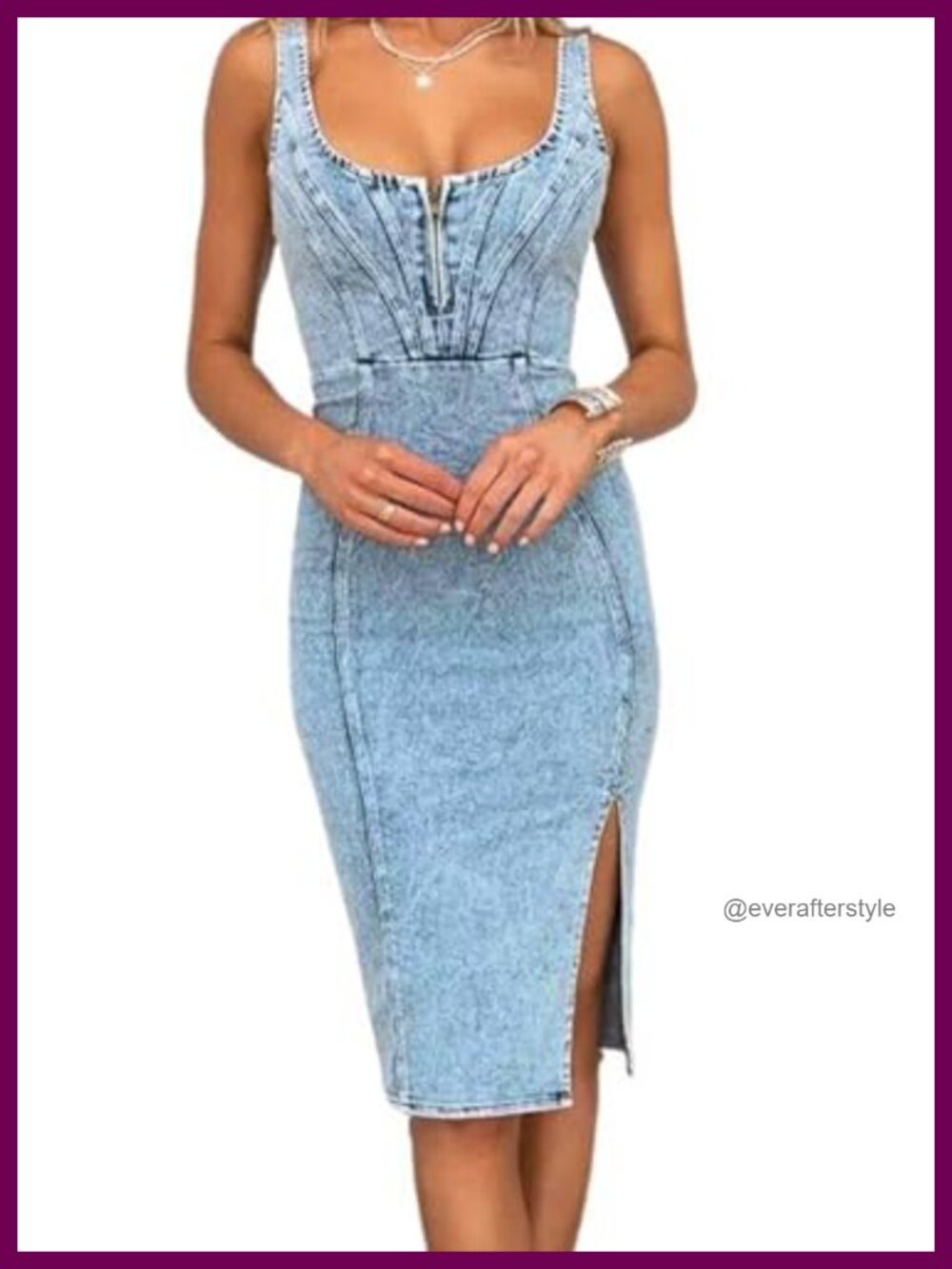 Sleeveless Denim Bodycon Midi Dress Side Slit Club Night Out